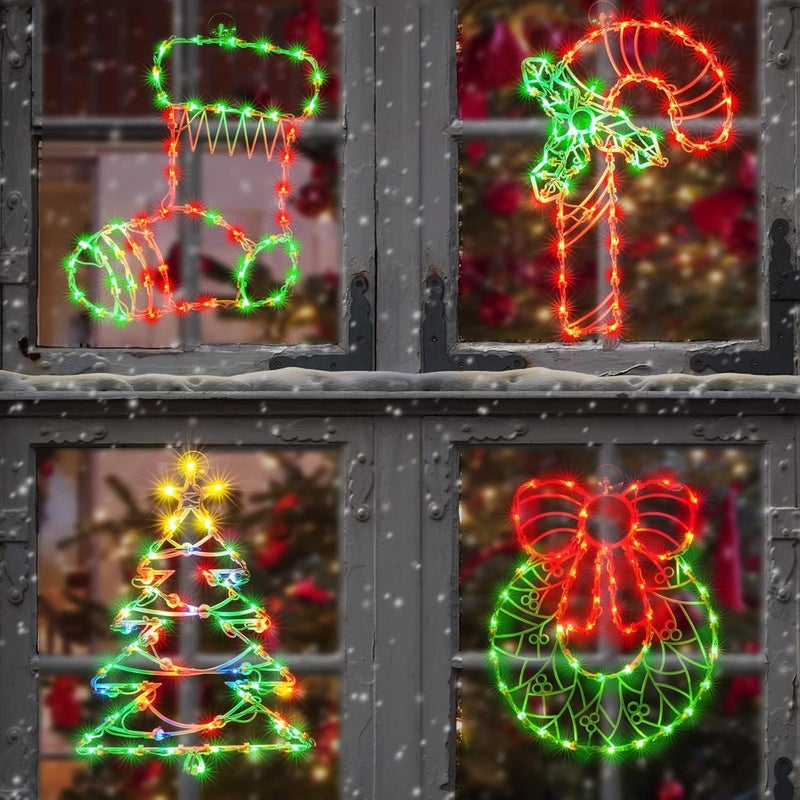 Just-pro 4 Pack Christmas Window Silhouette Lights, Lighted Candy Cane,Christmas Tree,Wreath and Christmas Stocking of Double Sided Decorations with 200 Count Incandescent Mini Light - Image 4